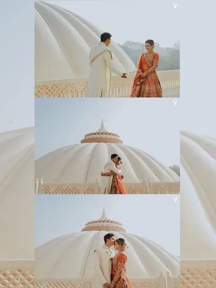 A sequence of images capturing the couple's first look against the stunning architecture of Indana Palace. The grand dome in the background creates a truly epic and memorable scene.
