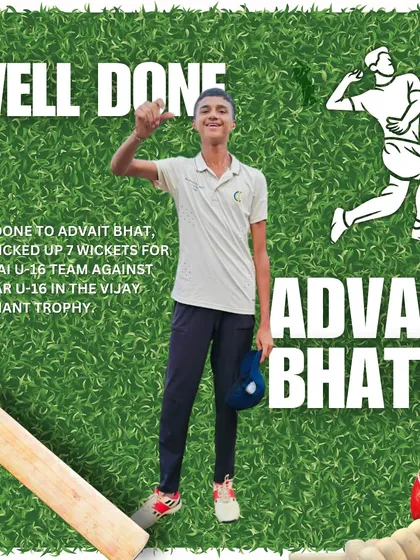 An incredible bowling performance. Well done to Advait Bhat for taking 7 wickets for the Mumbai U-16 team against Andhra in the Vijay Merchant Trophy.