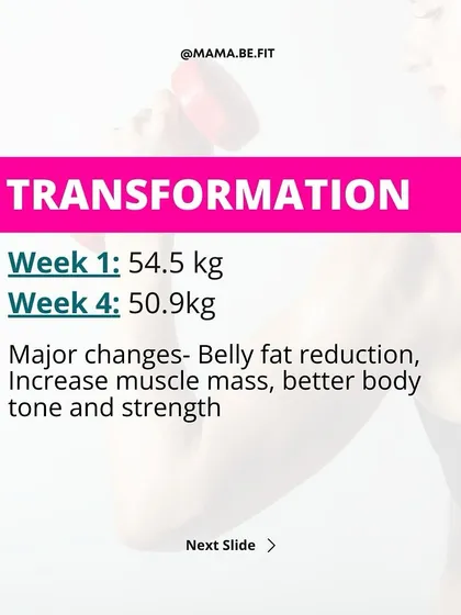 This client lost 4 kgs in 4 weeks, along with reducing belly fat and gaining muscle. Her transformation shows that postpartum fitness is about feeling strong, confident, and energized, not just losing weight.