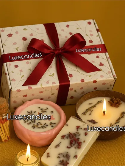 I love putting together gift hampers that feel special and personal. This one features a mix of my favorite eco-friendly and decorative pieces, including a coconut shell candle, a fragrant wax bar, and a lotus candle, all beautifully boxed and ready to gift for Diwali, weddings, or just to make someone's day.