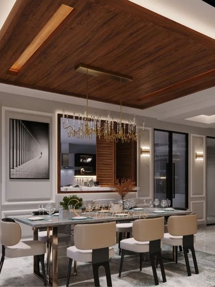 This dining room is a perfect blend of modern aesthetics and warm textures, with a stunning wooden ceiling and sleek, minimalistic chairs.