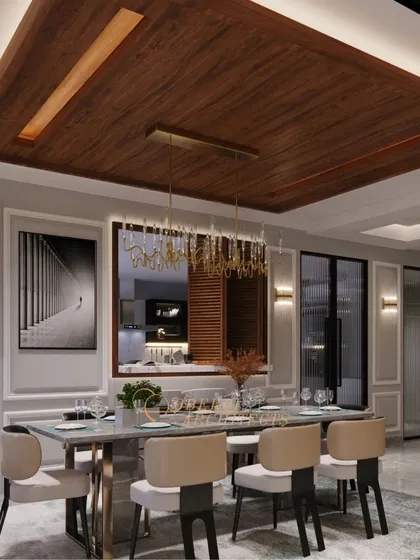 A modern dining room with a stunning wood-paneled ceiling and sleek furniture, creating a sophisticated atmosphere for meals.