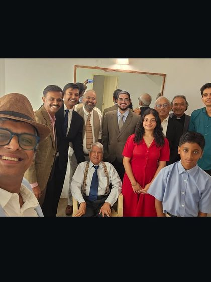The cast and crew of "Inherit the Wind" take a group selfie backstage.