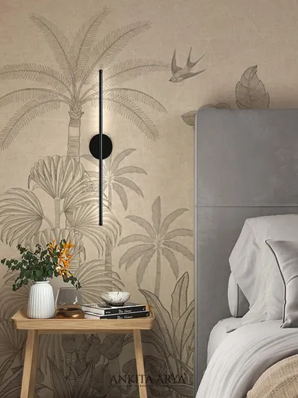 This tropical wallpaper used as a headboard feature wall. The monochromatic design adds texture and interest without overwhelming the serene bedroom aesthetic.