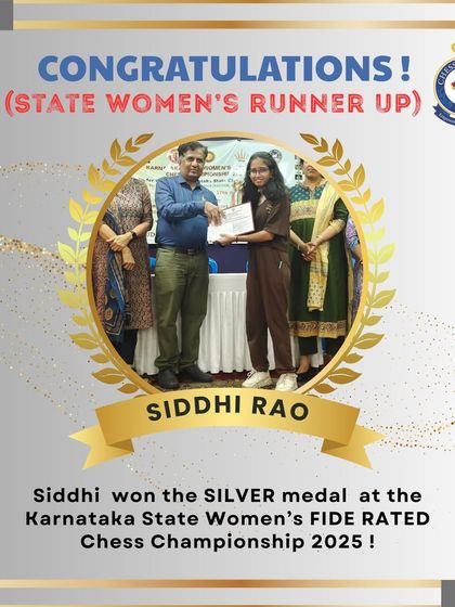 Congratulations to Siddhi Rao for winning the SILVER medal at the Karnataka State Women's FIDE Rated Chess Championship. Here she is, proudly receiving her certificate for being the State Women's Runner Up.