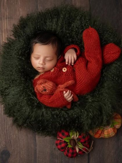 A cozy little one dressed in a red knit outfit, sleeping peacefully in a festive green wreath. This setup, complete with a tiny teddy bear, creates a classic and timeless holiday portrait.
