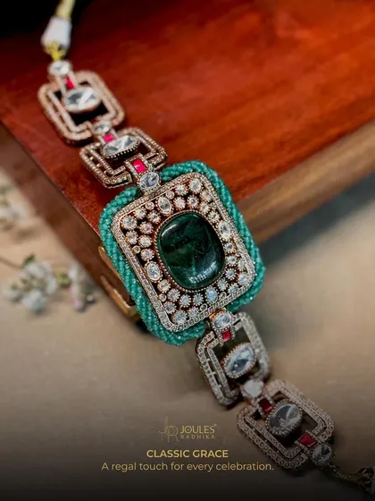 Classic grace. An emerald and polki bracelet with a unique geometric design, offering a regal touch for any celebration.