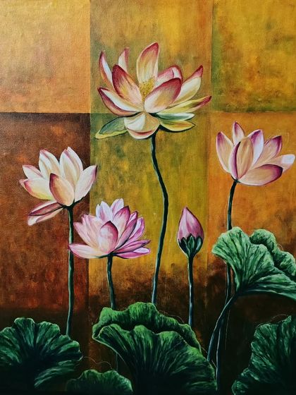 A 2.5x2 ft oil painting of lotus flowers against a warm, checkered background. This piece combines the spiritual symbolism of the lotus with a modern, graphic composition.