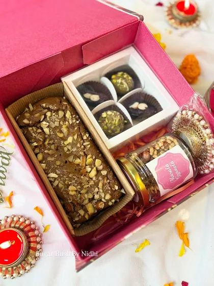 Another version of the 'Diwali Delight Box', this one featuring a tea cake, a jar of masala granola, and a box of my Indian fusion sweets.