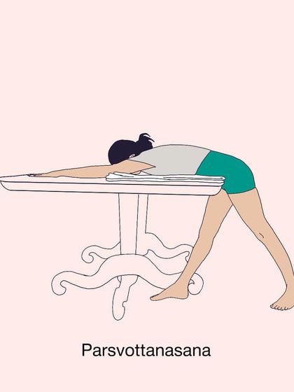 An illustration of Parsvottanasana using a table. This supported variation is excellent for releasing the back and hamstrings without strain.