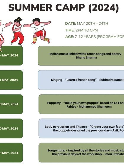 The schedule for our 2024 Summer Camp for kids (7-12 years), featuring a week of creative activities from music to theatre.