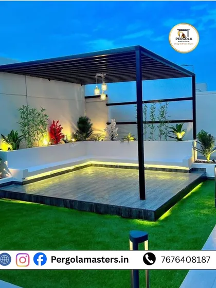 A sleek rafters pergola installed on a rooftop terrace, creating a defined and stylish seating area. The structure provides shade and a sense of enclosure while maintaining an open, airy feel with city views.
