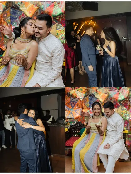 A collage of fun and intimate moments from a Mehendi and cocktail party. It shows the couple sharing kisses, dancing, and enjoying the celebration with their loved ones.