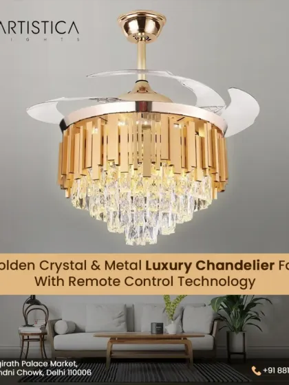 For those who love timeless glamour, I created this Golden Crystal Chandelier Fan. It combines the classic elegance of a crystal *jhumar* with the modern convenience of a powerful fan. The intricate metalwork and cascading crystals catch the light beautifully, while the retractable blades offer quiet, efficient air circulation. You can control both the fan speed and the light's brightness easily with the included remote.