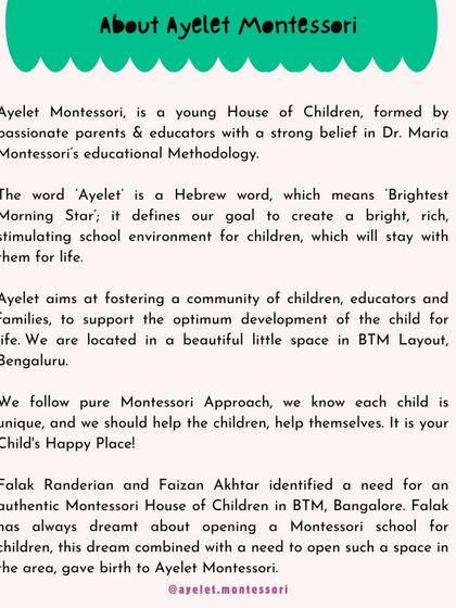 This is the story of Ayelet Montessori. We are a House of Children founded by passionate educators with a strong belief in Dr. Maria Montessori's methodology, aiming to create a rich, stimulating environment that stays with children for life.