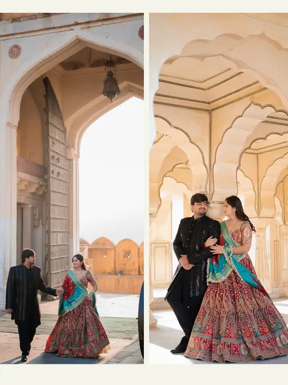 Two distinct looks for Gaurav and Priya during their Amer Fort pre-wedding shoot. We plan multiple outfit changes to give you a diverse portfolio of images from a single location.