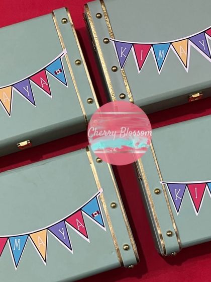 For a destination birthday in Jim Corbett, we created these luxury jungle-themed return gifts. Each leatherette trunk box contained a jade plant, a themed mug, nuts, and animal-shaped chocolates.