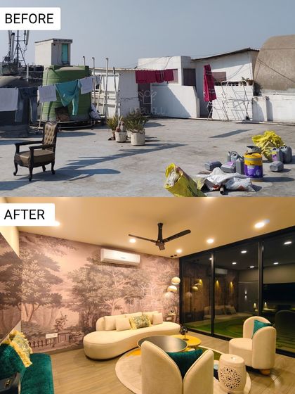 These images document the transformation of a cluttered rooftop into a luxurious space with a glass house, a bar, and a stunning interior living area.