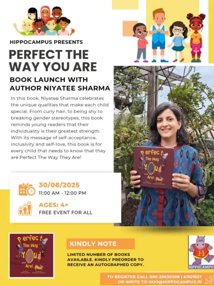 An invitation to the book launch of "Perfect The Way You Are" with author Niyatee Sharma. These events celebrate important messages like self-acceptance and inclusivity.
