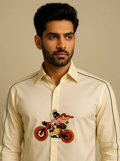 A portrait shot of the cream cyclist shirt, highlighting how the design sits on the body. It’s a fun yet sophisticated piece for any man's custom wardrobe.