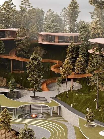 In our "Hillucinations" resort in Himachal, we envisioned villas as cantilevered discs that float among the pine trees. A winding skywalk connects the structures, turning the journey into an enchanting experience where architecture and nature coexist in perfect harmony.
