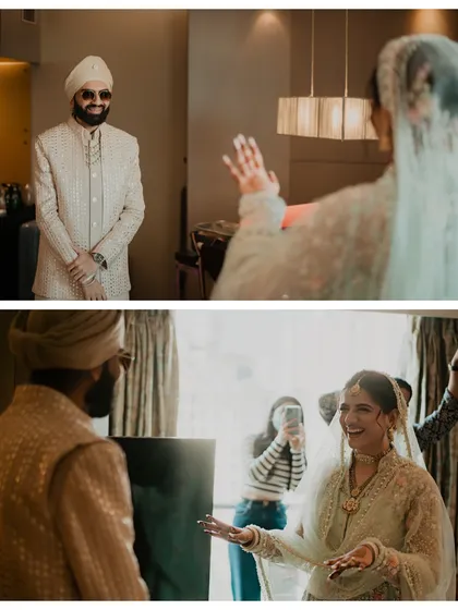 The first look between the bride and groom on their wedding day. The groom's smile says it all, a candid and heartwarming reaction we love to document.