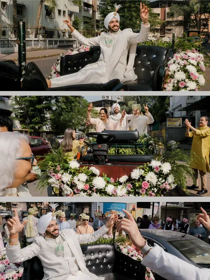 The groom's ecstatic arrival in a decorated car for his baraat, dancing and celebrating with his family and friends.