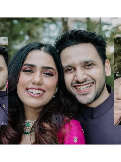 A collage of happy, smiling couple portraits. This collection of close-ups captures the warmth and joy of their relationship.