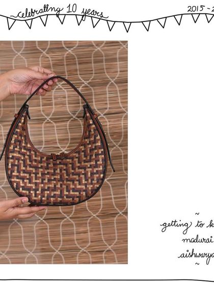A full view of the Madurai Aishwarya, showing how the woven texture covers the front panel of this chic crescent bag.