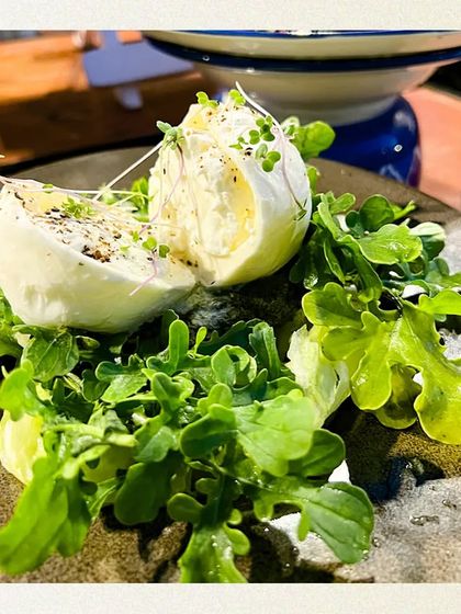 We source the finest ingredients for our dishes, like this creamy Burrata. Served simply on a bed of fresh, peppery arugula and seasoned lightly, it allows the quality and flavour of the cheese to be the star.