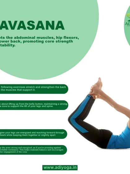 This infographic breaks down Navasana (Boat Pose), which targets the abdominal muscles, hip flexors, and lower back to promote core strength and stability.