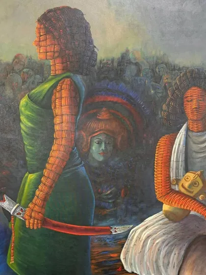 A detailed segment of a larger canvas, focusing on figures with the woven texture. One figure holds a sword, suggesting themes of protection and conflict within the narrative of tribal history.