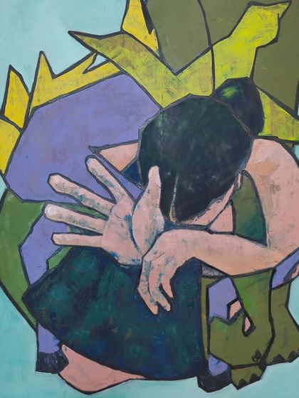 "I am that Horse, Elephant and the Peacock," a large self portrait on plywood. It's an abstract and metaphorical piece about the self, inspired by Buddhist concepts of the three jewels: mind, speech, and body.