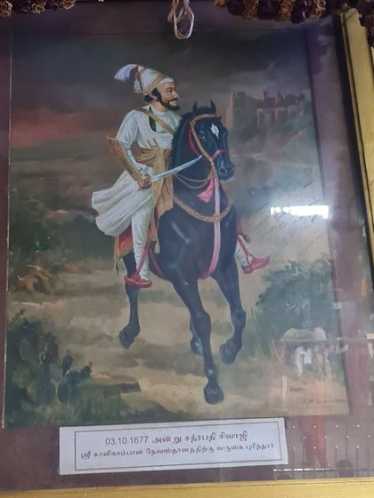 A closer look at the painting of Shivaji Maharaj on horseback, a symbol of righteous martial power.