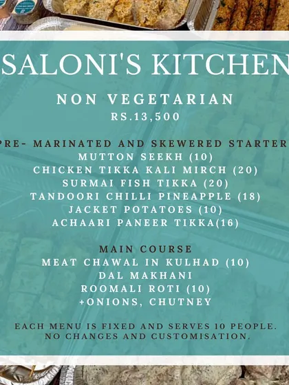 The menu for my non-vegetarian Indian DIY BBQ kit. It comes packed with flavorful pre-marinated starters like Mutton Seekh and Chicken Tikka Kali Mirch, along with a hearty main course of Meat Chawal in a kulhad.