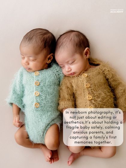A photo of newborn twins with text explaining that newborn photography is about holding a baby safely and capturing a family's first memories together.