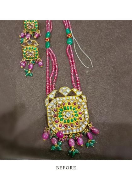 Here is the original piece a client brought to me. A lovely polki set with a pendant and earrings, but she wanted a fresher, more versatile look.