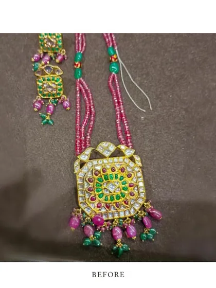 Here is the original piece a client brought to me. A lovely polki set with a pendant and earrings, but she wanted a fresher, more versatile look.