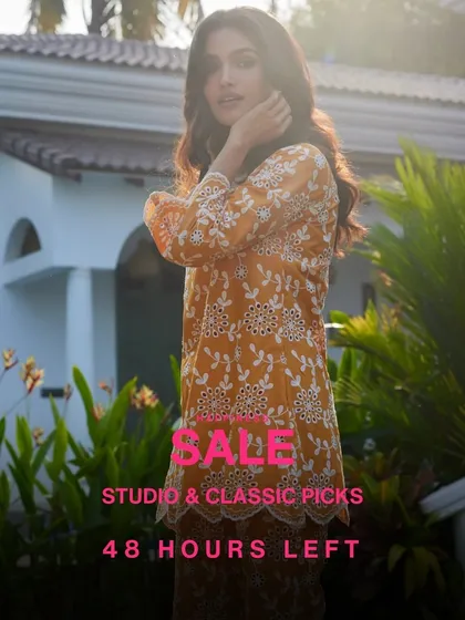 The final hours of our sale on Studio & Classic picks. This shot captures the warm, sunny vibe of our embroidered mustard kurta.