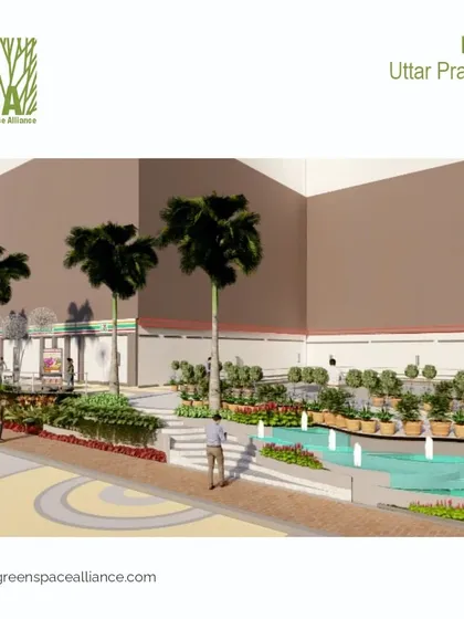 A design for a mall entrance in Uttar Pradesh, featuring formal planters, water channels, and a central plaza. Our approach to commercial landscapes is to create a structured yet welcoming environment that guides visitors and enhances the shopping experience.