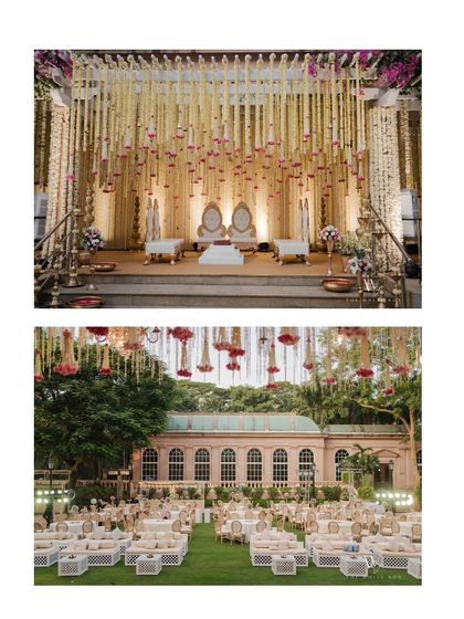A collage showcasing the key elements of this elegant outdoor wedding. It features the grand floral mandap and the sophisticated lawn seating arrangement against the backdrop of a heritage building.