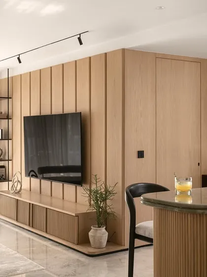 A view of the TV unit in the Noir Blanc House, featuring warm Oakwood veneer partitions and a hidden door, demonstrating how I integrate storage and function seamlessly into a clean design.
