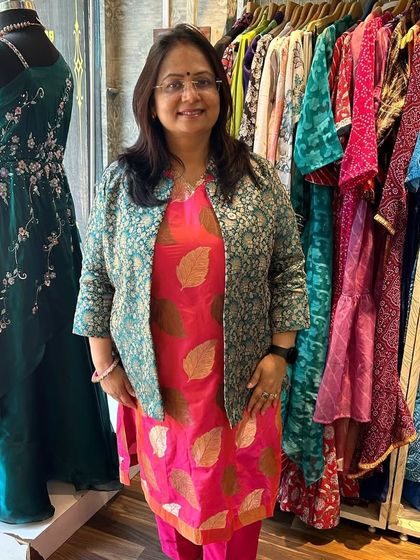 A client wearing a custom kurta set with a contrasting printed jacket. I love helping my clients mix and match pieces to create their own unique style.