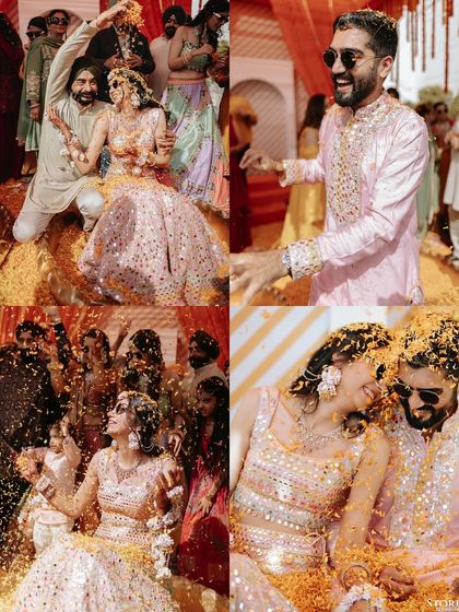 A collage of joyful moments from the Haldi, with the couple being showered in flowers and enjoying the celebration.