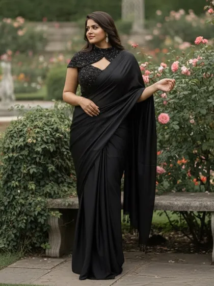 A full-length shot of the black saree, highlighting the unique cut of the sequined blouse and the sleek drape of the fabric.