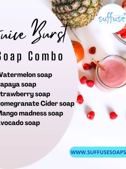 The "Juice Burst" Soap Combo is packed with fruity favorites like Watermelon, Papaya, Strawberry, and Mango. A perfect way to try a variety of my fruit-based soaps.