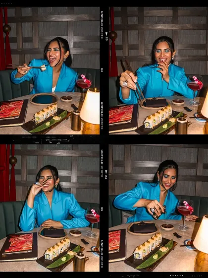 A fun collage of me enjoying the sushi at Donmai, showing my genuine enjoyment of the food.