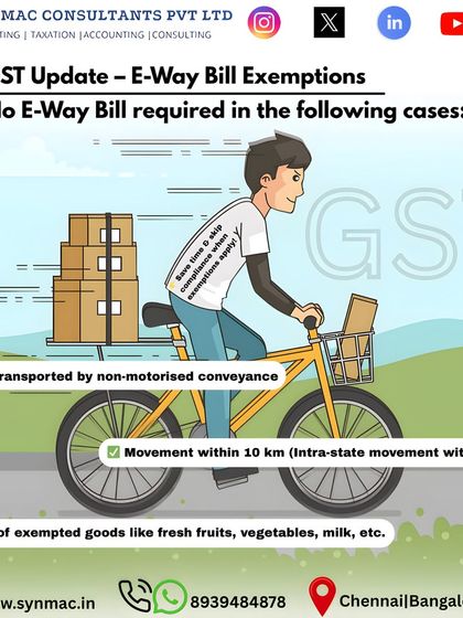 To simplify logistics, an E-Way Bill is not required in certain cases. This includes goods transported by non-motorised vehicles or for intra-state movements within a 10 km radius.