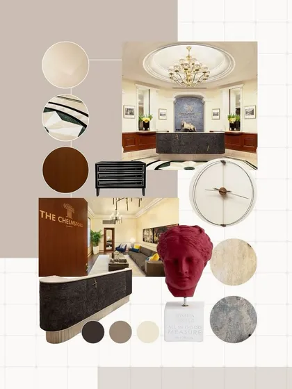 This mood board for the Godrej Experience Centre at The Imperial Hotel captures our vision for a space defined by rich colors and textures. Deep reds, warm browns, and classical motifs are blended with modern forms to create an atmosphere of timeless luxury.
