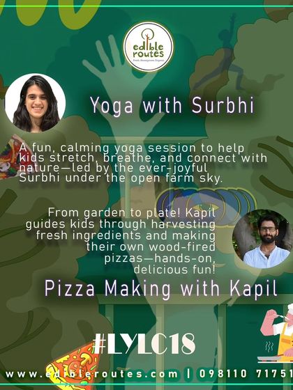 Details of the "Little Yogis, Little Chefs" event, introducing the facilitators for yoga and pizza making.